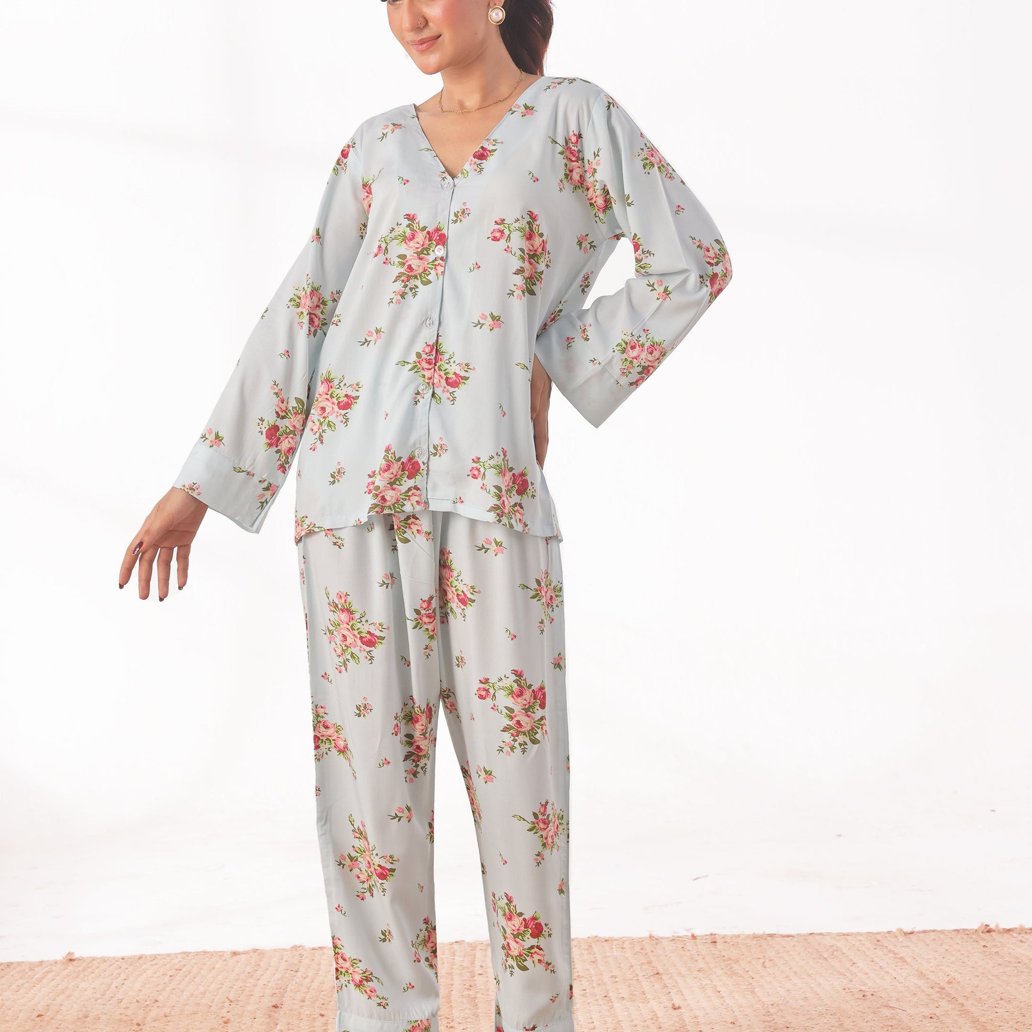 Buy Sajiero Linen Pajama Suit with Scrunchie - Rose Mist in Pakistan