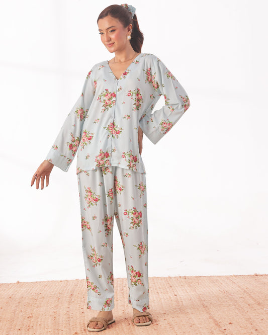 Buy Sajiero Linen Pajama Suit with Scrunchie - Rose Mist in Pakistan