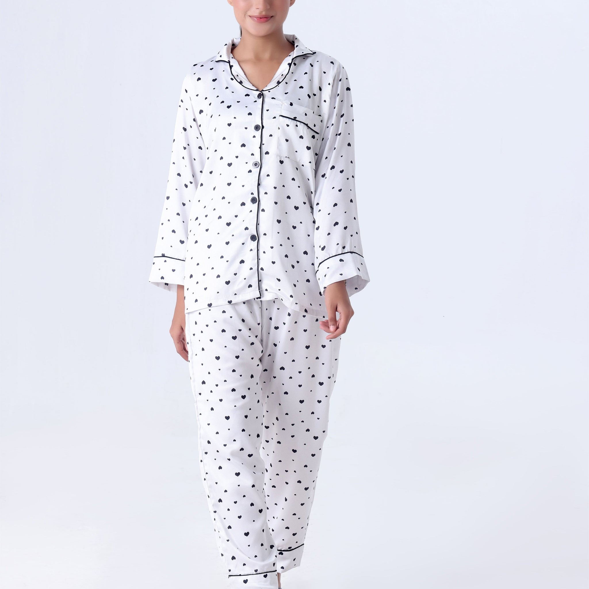 Buy Sajiero Silk Pajama Suit with Scrunchie - Black Hearts in Pakistan