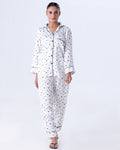 Buy Sajiero Silk Pajama Suit with Scrunchie - Black Hearts in Pakistan