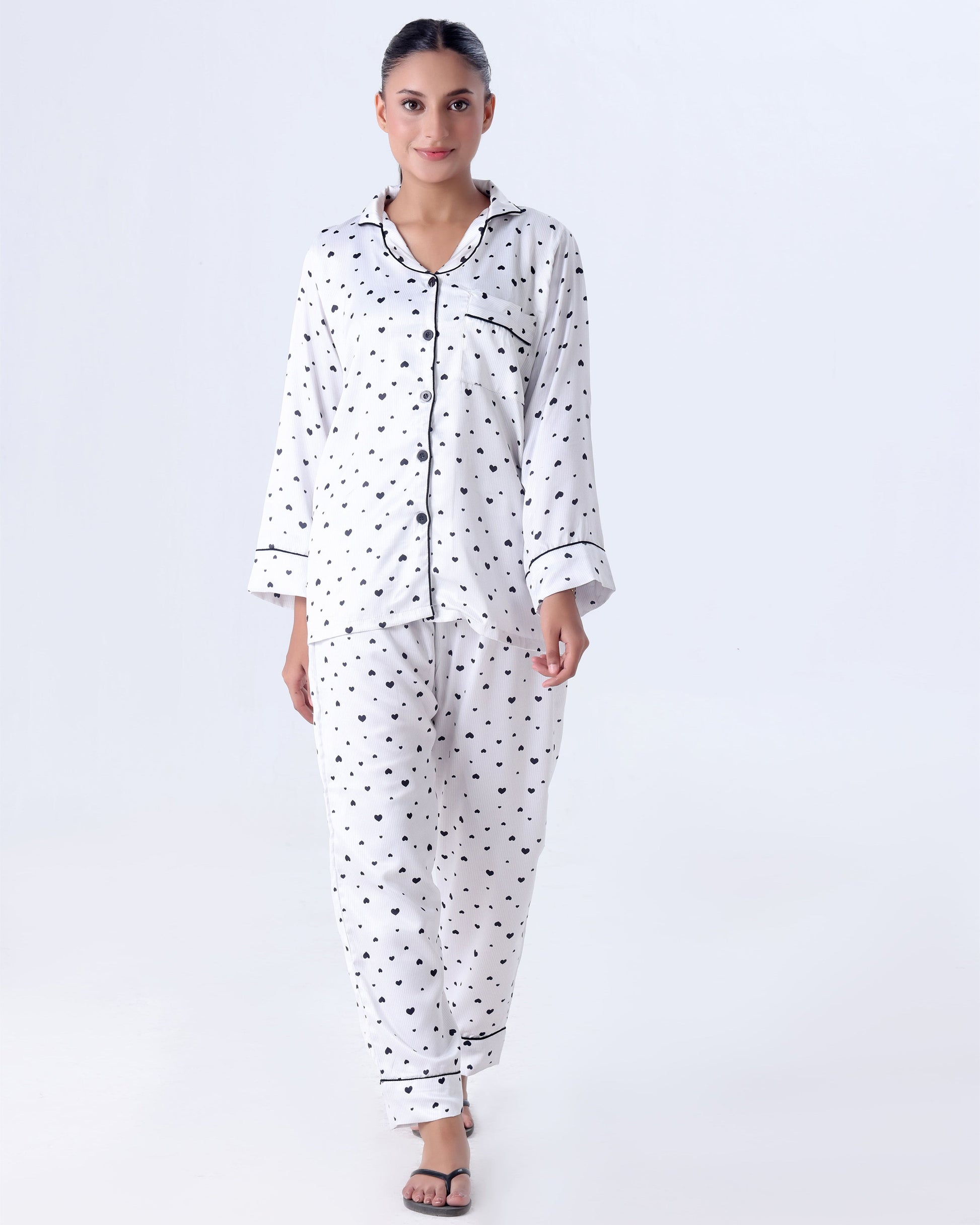Buy Sajiero Silk Pajama Suit with Scrunchie - Black Hearts in Pakistan