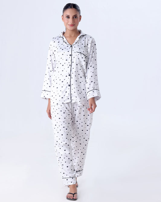 Buy Sajiero Silk Pajama Suit with Scrunchie - Black Hearts in Pakistan