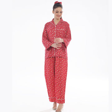 Buy Sajiero French Red Flowers Linen Pajama Suit with Scrunchie in Pakistan