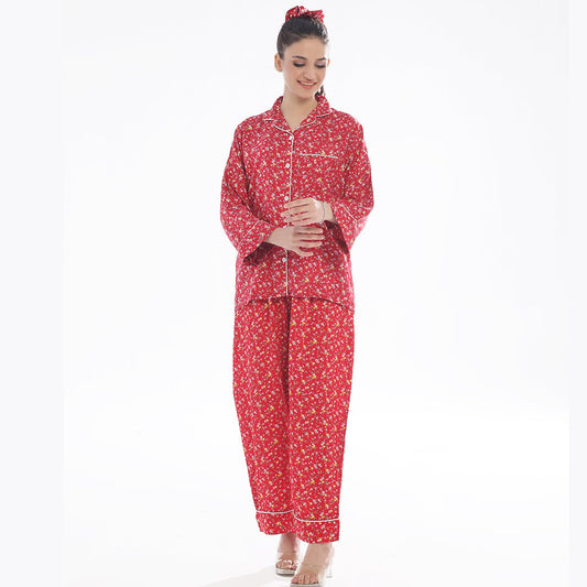 Buy Sajiero French Red Flowers Linen Pajama Suit with Scrunchie in Pakistan