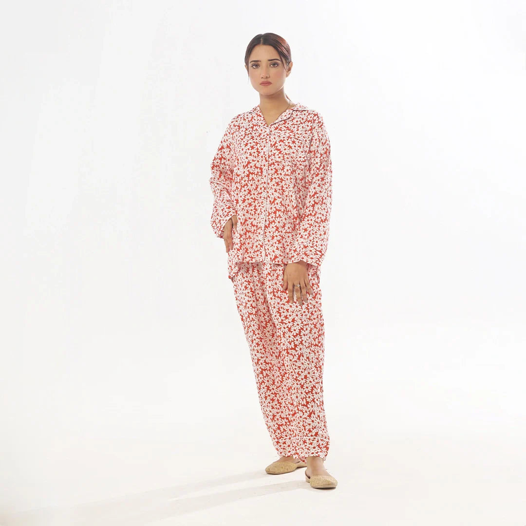 Buy Sajiero Mat Daisy Linen Pajama Suit with Scrunchie in Pakistan