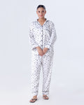 Buy Sajiero Silk Pajama Suit with Scrunchie - Black Hearts in Pakistan