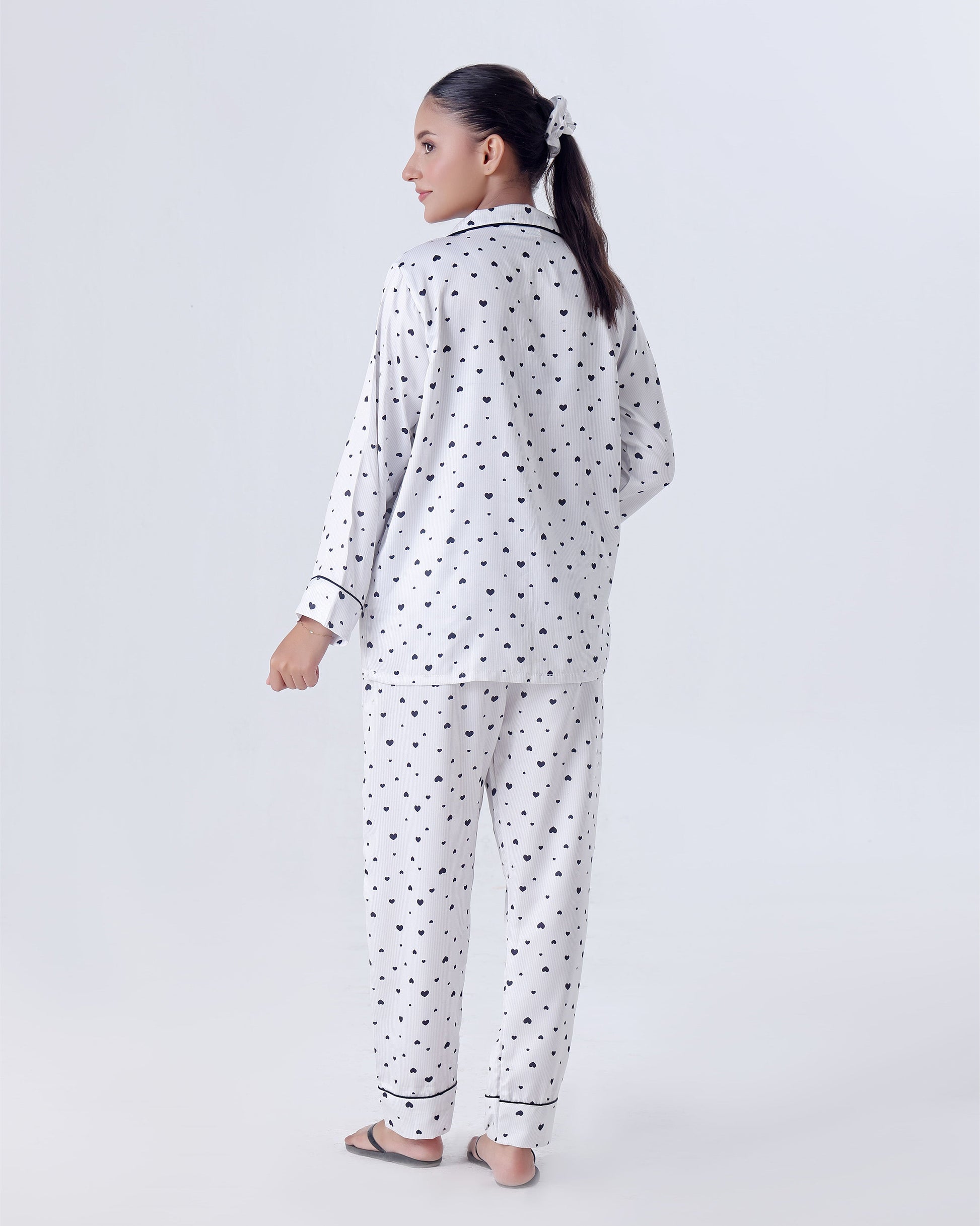 Buy Sajiero Silk Pajama Suit with Scrunchie - Black Hearts in Pakistan