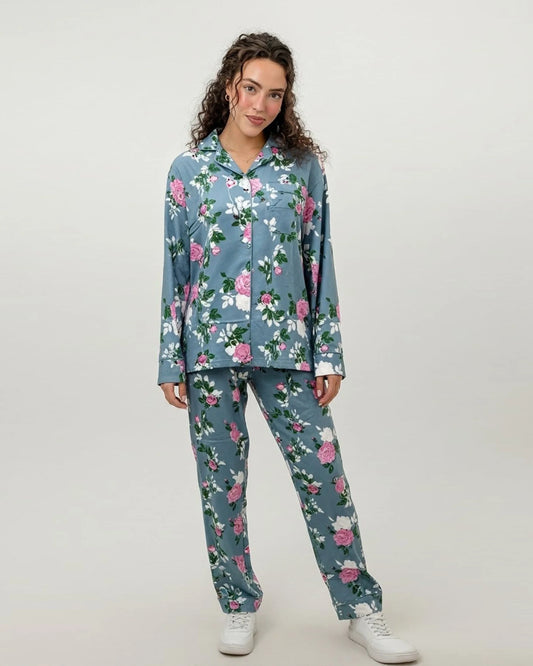 Buy Sajiero Linen Pajama Suit - Blue Rose in Pakistan