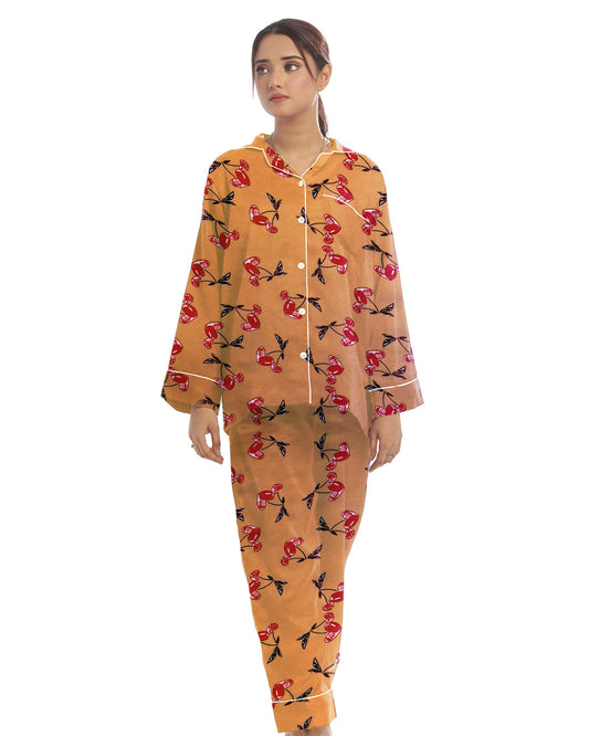 Buy Sajiero Linen Pajama Suit with Scrunchie - Peach Berry in Pakistan