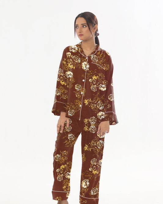 Buy Sajiero Linen Pajama Suit with Scrunchie - Bronze Bloom in Pakistan