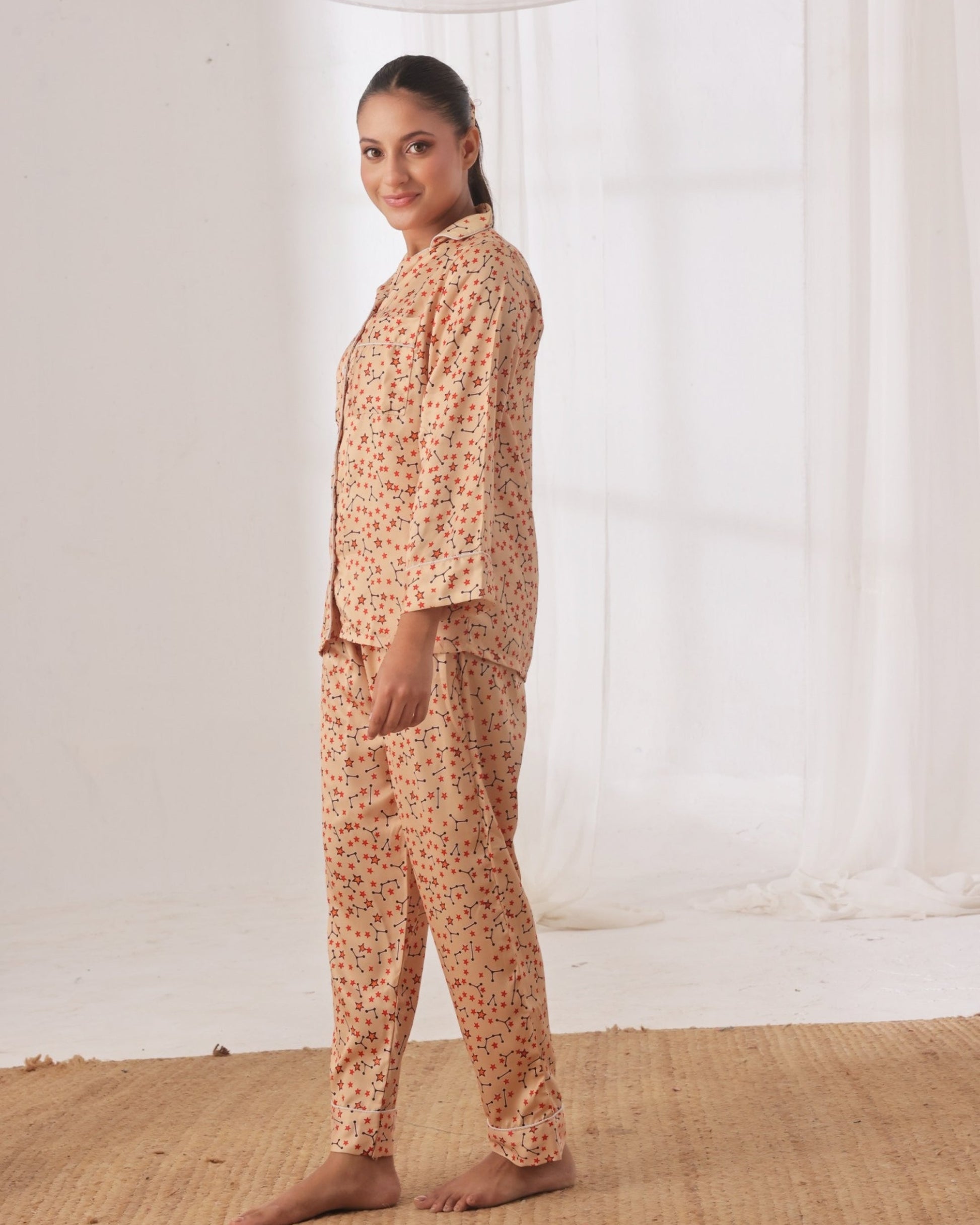 Buy Sajiero Silk Pajama Suit with Scrunchie - Cosmic Calm in Pakistan