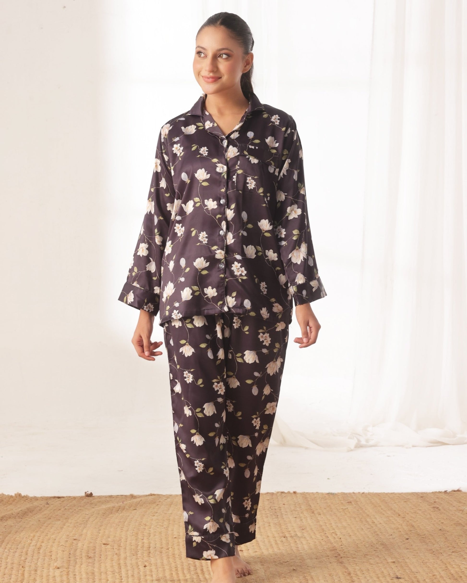 Buy Sajiero Silk Pajama Suit with Scrunchie - Night Blush in Pakistan