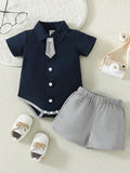 Buy 2pcs/Set Baby Boys' Casual Yet Elegant Short Sleeve Shirt & Shorts Set With Detachable Bowtie in Pakistan