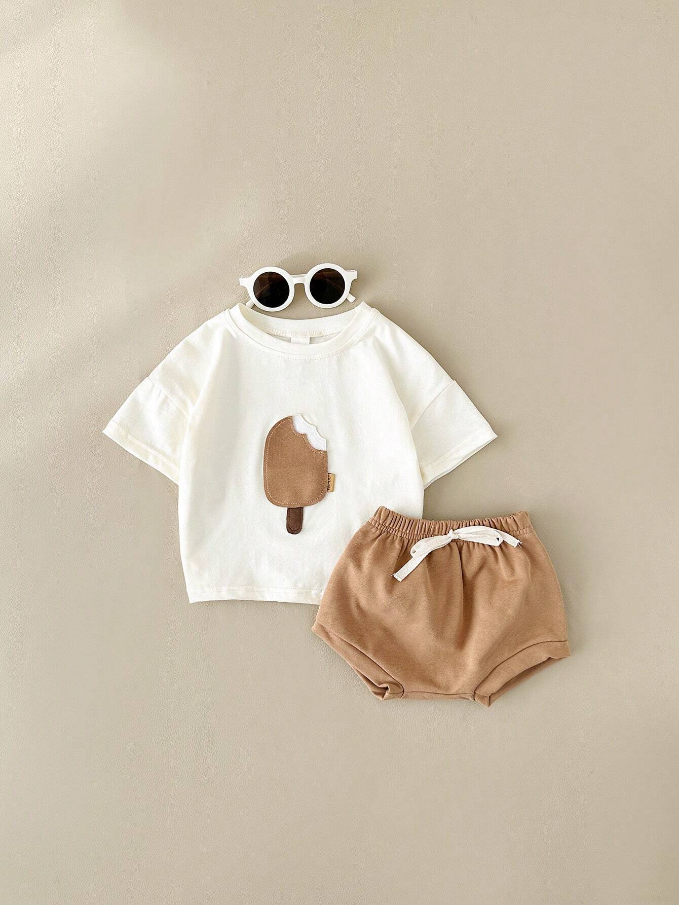 Buy SHEIN 2pcs/Set Baby Boy's Ice Cream Patch Short Sleeve T-Shirt And Shorts Set in Pakistan