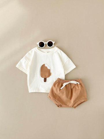 Buy SHEIN 2pcs/Set Baby Boy's Ice Cream Patch Short Sleeve T-Shirt And Shorts Set in Pakistan