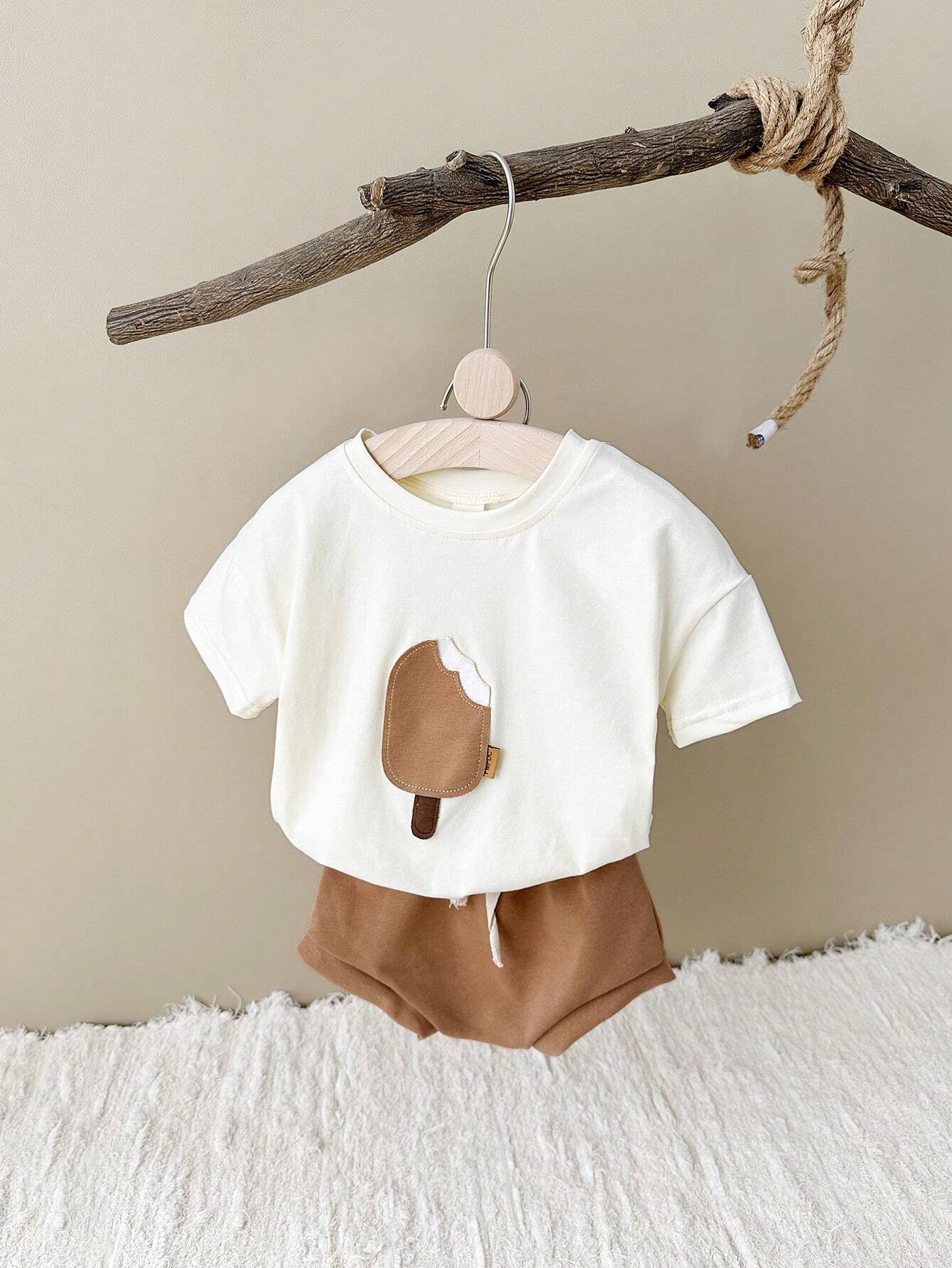 Buy SHEIN 2pcs/Set Baby Boy's Ice Cream Patch Short Sleeve T-Shirt And Shorts Set in Pakistan