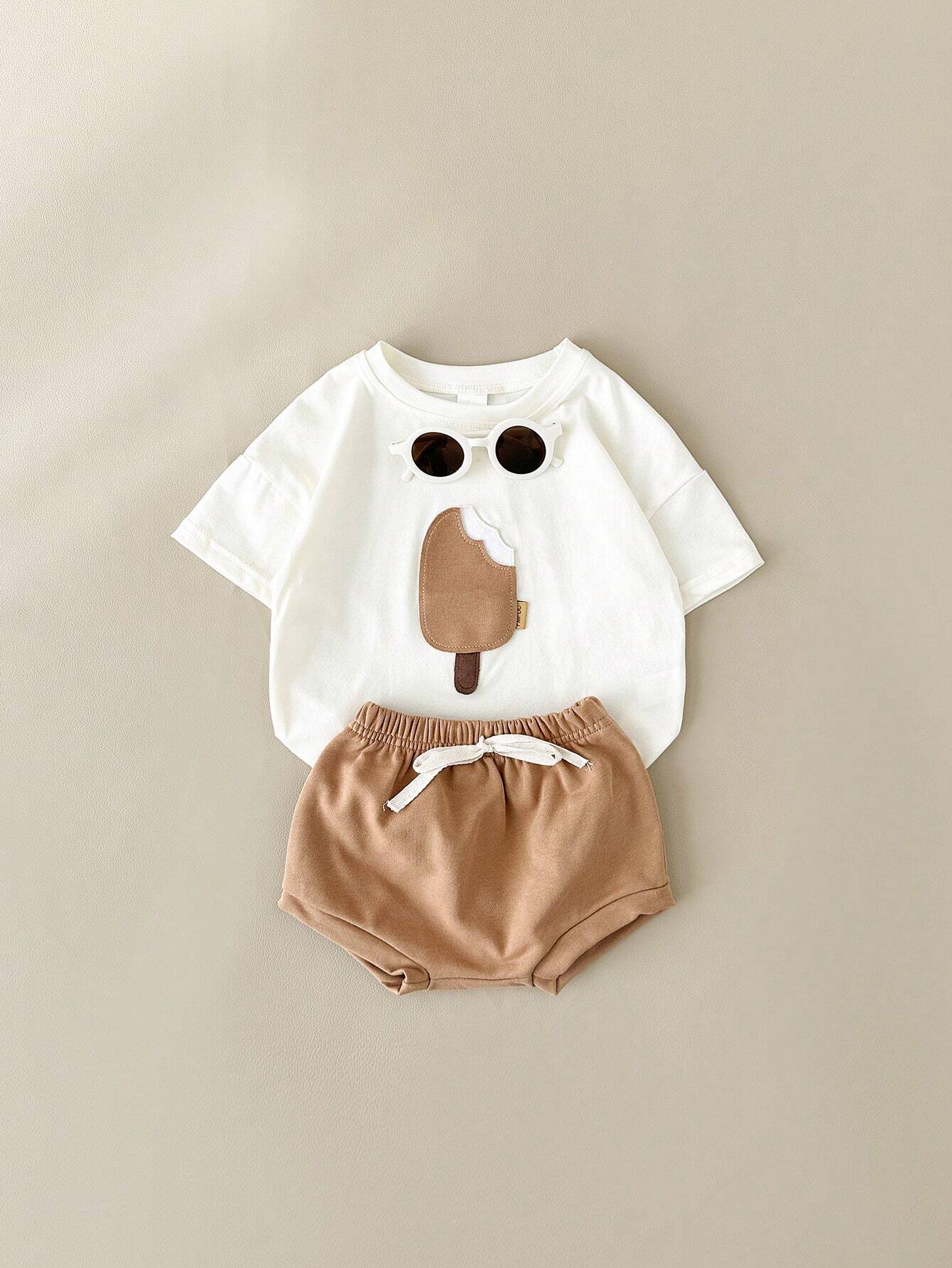 Buy SHEIN 2pcs/Set Baby Boy's Ice Cream Patch Short Sleeve T-Shirt And Shorts Set in Pakistan
