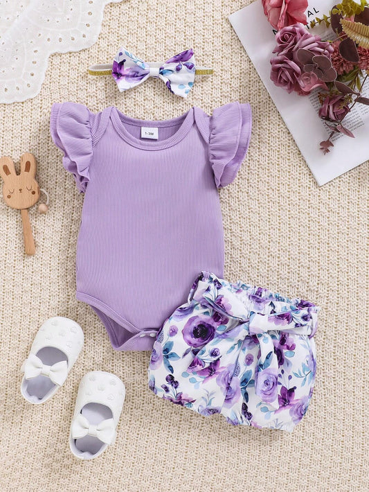 Buy SHEIN 2pcs/Set Baby Girl Spring Purple Ruffled Trim Romper, Bowknot Headband And Purple Floral Printed Shorts in Pakistan
