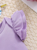 Buy SHEIN 2pcs/Set Baby Girl Spring Purple Ruffled Trim Romper, Bowknot Headband And Purple Floral Printed Shorts in Pakistan