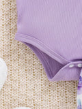 Buy SHEIN 2pcs/Set Baby Girl Spring Purple Ruffled Trim Romper, Bowknot Headband And Purple Floral Printed Shorts in Pakistan