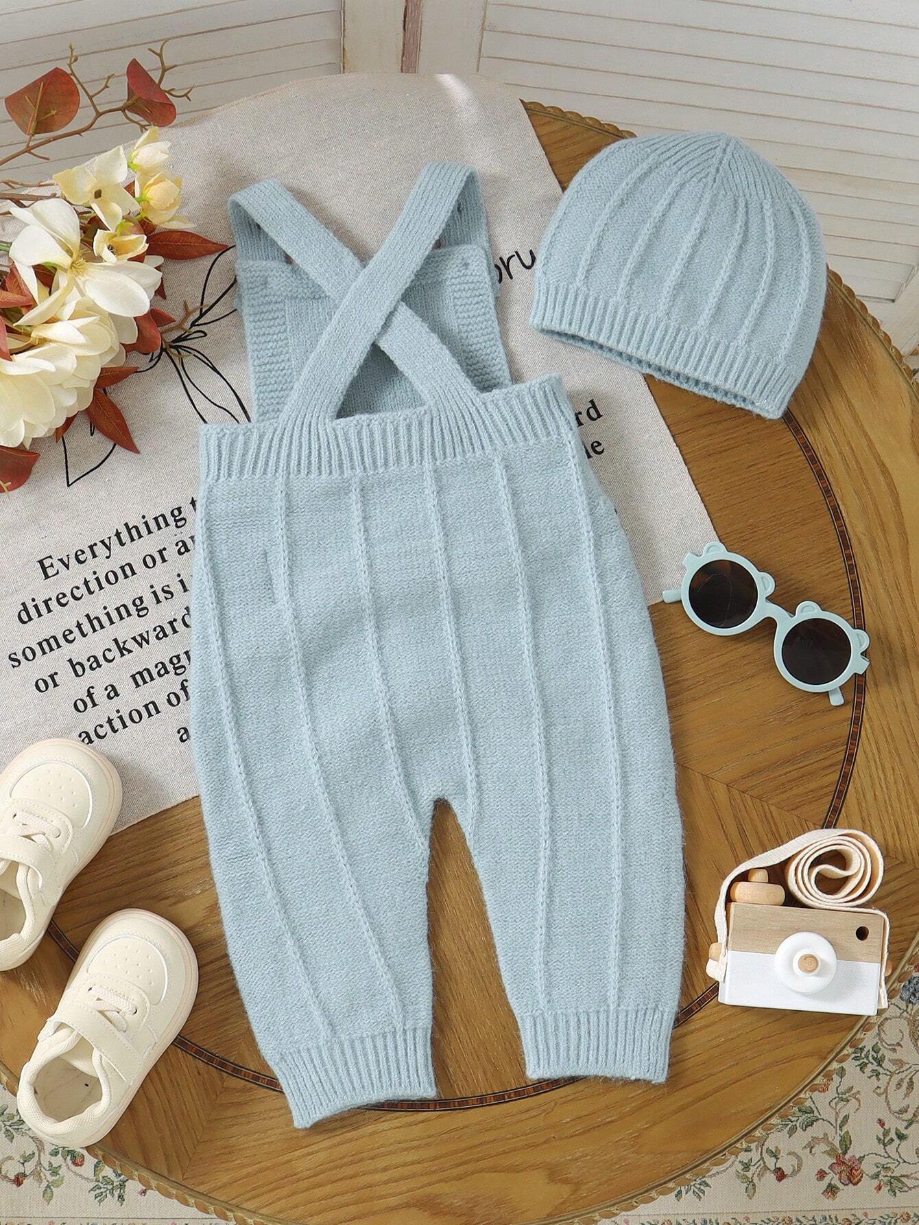 Buy SHEIN 2pcs/Set Infant Fashionable Knitted Romper & Overalls Lightweight & Soft One-Piece Seamless Jumpsuit With Detachable Hat, Casual And Comfortable in Pakistan
