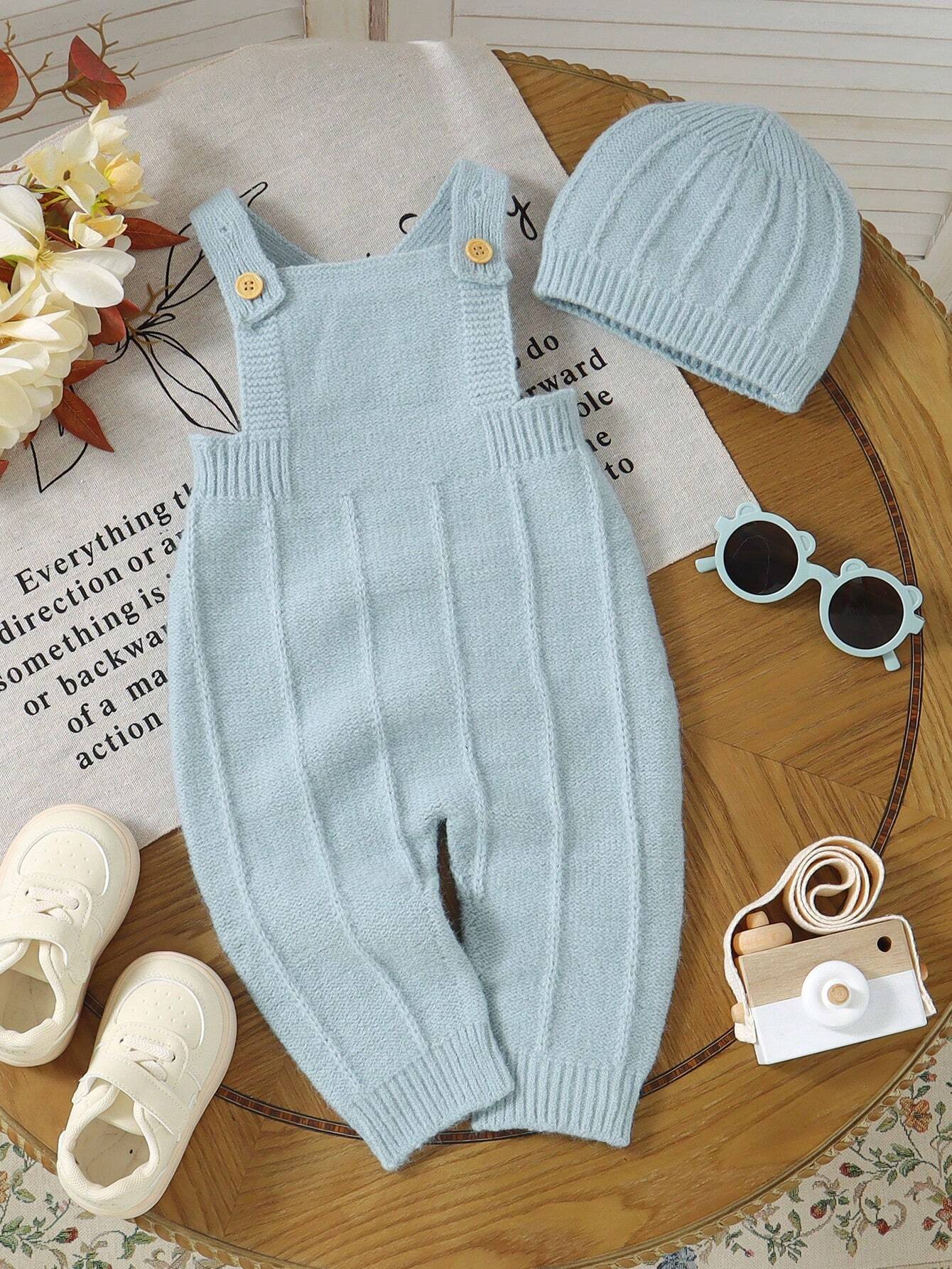 Buy SHEIN 2pcs/Set Infant Fashionable Knitted Romper & Overalls Lightweight & Soft One-Piece Seamless Jumpsuit With Detachable Hat, Casual And Comfortable in Pakistan