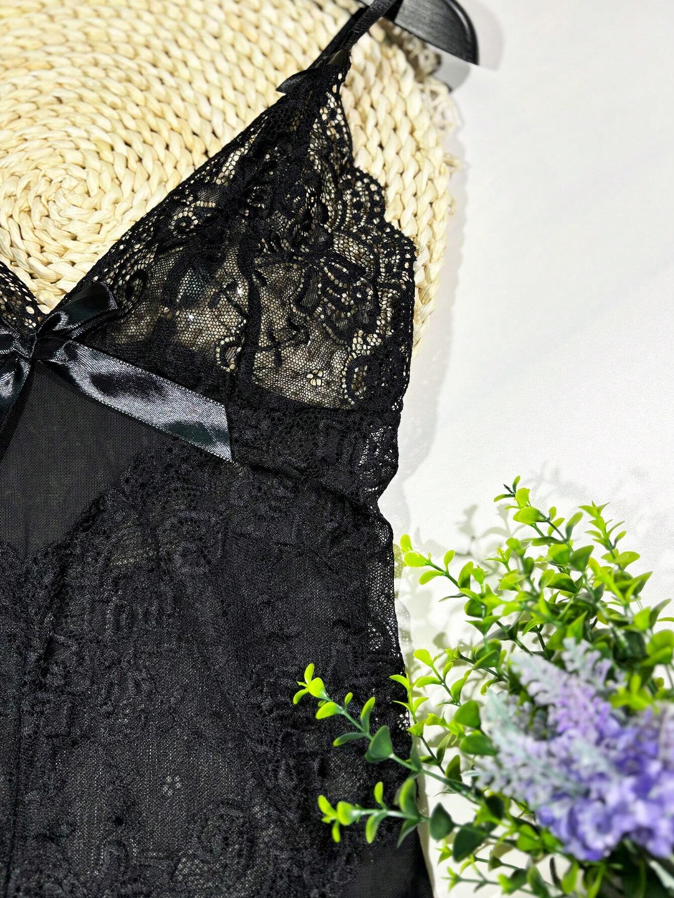 Buy SHEIN 2pcs/Set Lace Mesh Panel Bow Tie Thong & Slip Dress Set, Sexy Lingerie Gift For Halloween in Pakistan