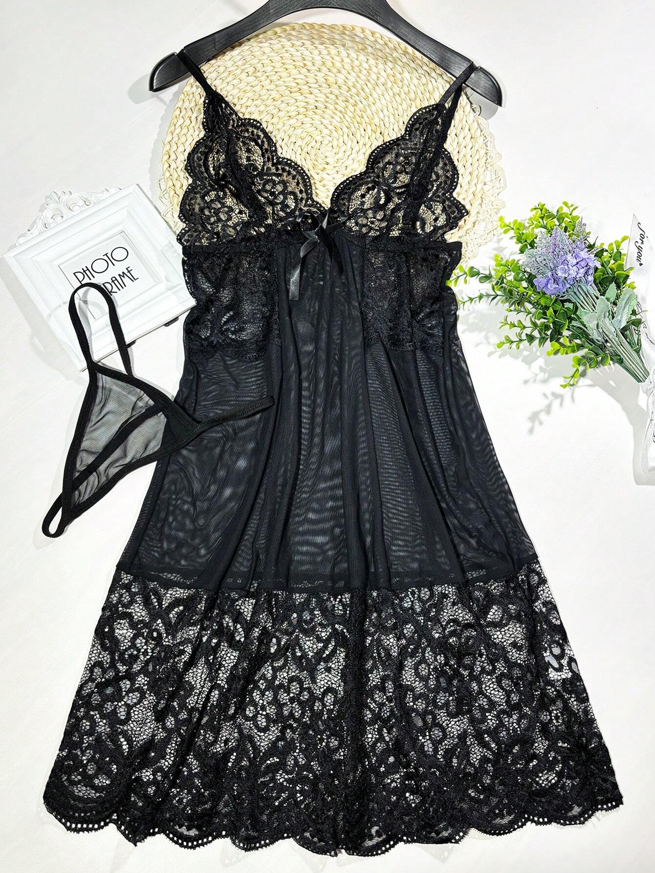 Buy SHEIN 2pcs/Set Lace Mesh Panel Bow Tie Thong & Slip Dress Set, Sexy Lingerie Gift For Halloween in Pakistan