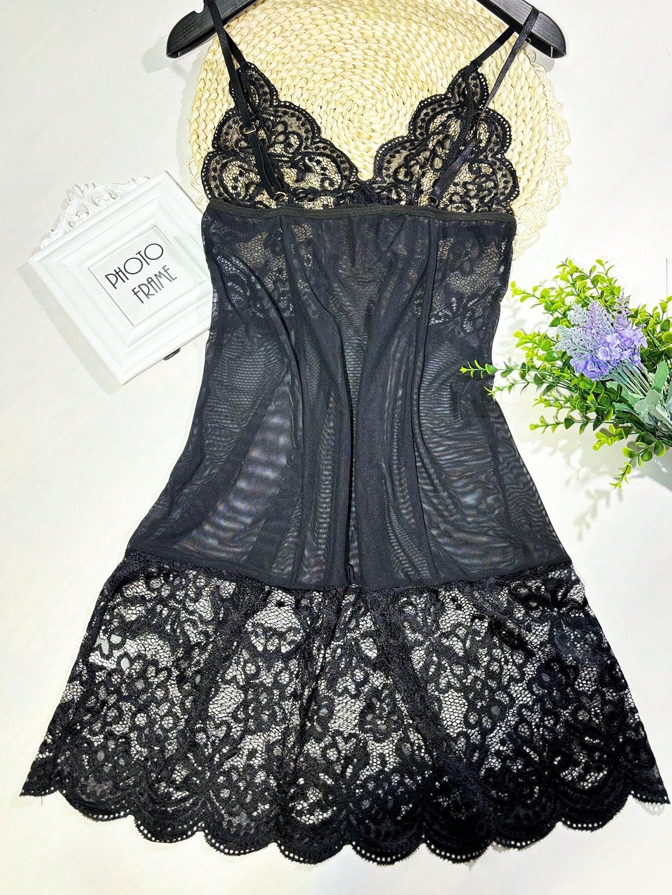 Buy SHEIN 2pcs/Set Lace Mesh Panel Bow Tie Thong & Slip Dress Set, Sexy Lingerie Gift For Halloween in Pakistan