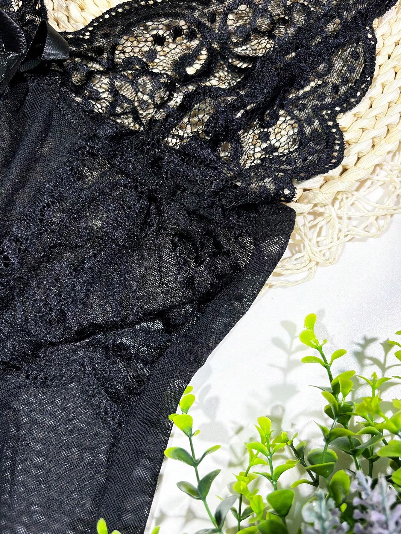 Buy SHEIN 2pcs/Set Lace Mesh Panel Bow Tie Thong & Slip Dress Set, Sexy Lingerie Gift For Halloween in Pakistan