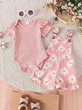 Buy 2pcs Baby Girls' Cute Short Sleeve Ruffle Bodysuit And Flower Print Overalls Set in Pakistan