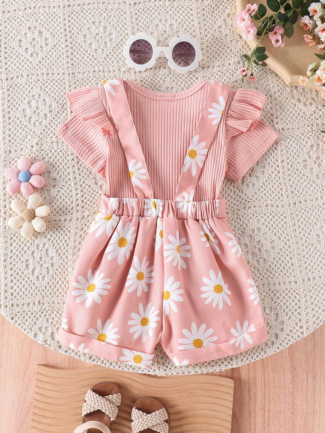 Buy 2pcs Baby Girls' Cute Short Sleeve Ruffle Bodysuit And Flower Print Overalls Set in Pakistan