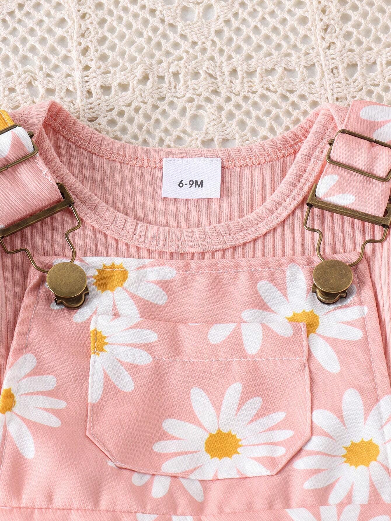 Buy 2pcs Baby Girls' Cute Short Sleeve Ruffle Bodysuit And Flower Print Overalls Set in Pakistan