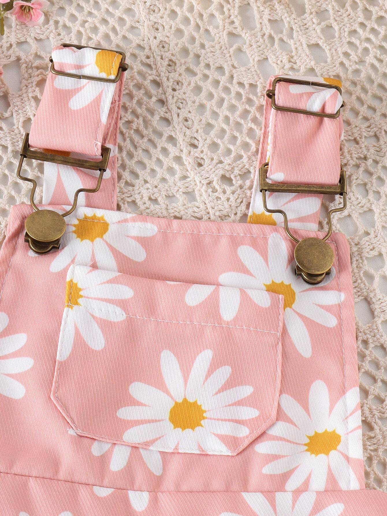 Buy 2pcs Baby Girls' Cute Short Sleeve Ruffle Bodysuit And Flower Print Overalls Set in Pakistan