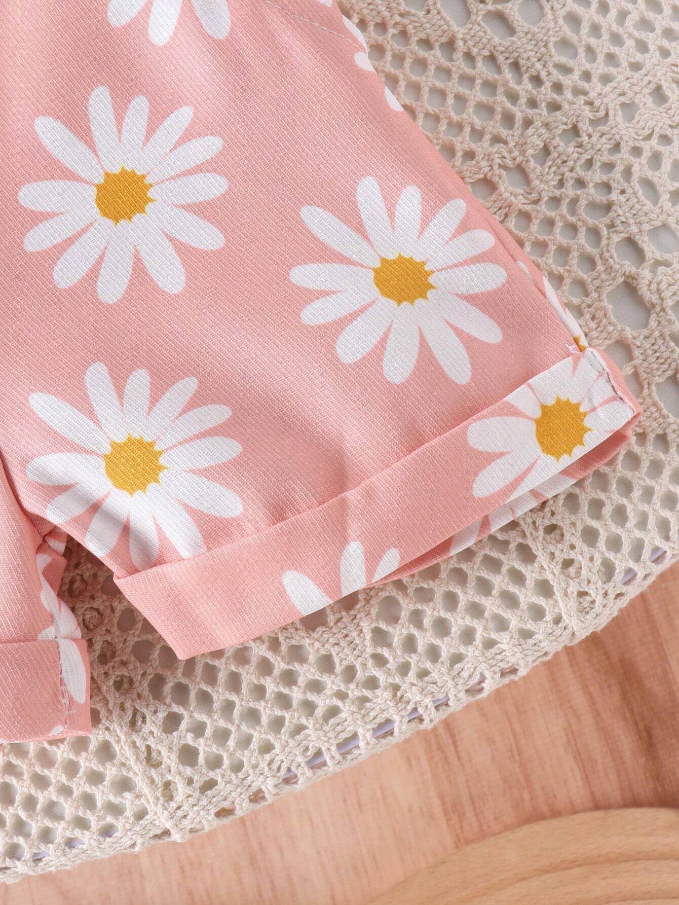 Buy 2pcs Baby Girls' Cute Short Sleeve Ruffle Bodysuit And Flower Print Overalls Set in Pakistan