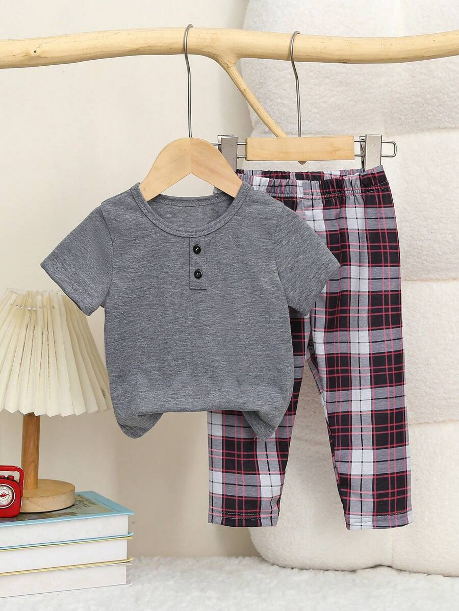 Buy SHEIN 2pcs Baby/Toddler Boys Casual Gray Short Sleeve Top And Plaid Shorts Set Home Clothing in Pakistan
