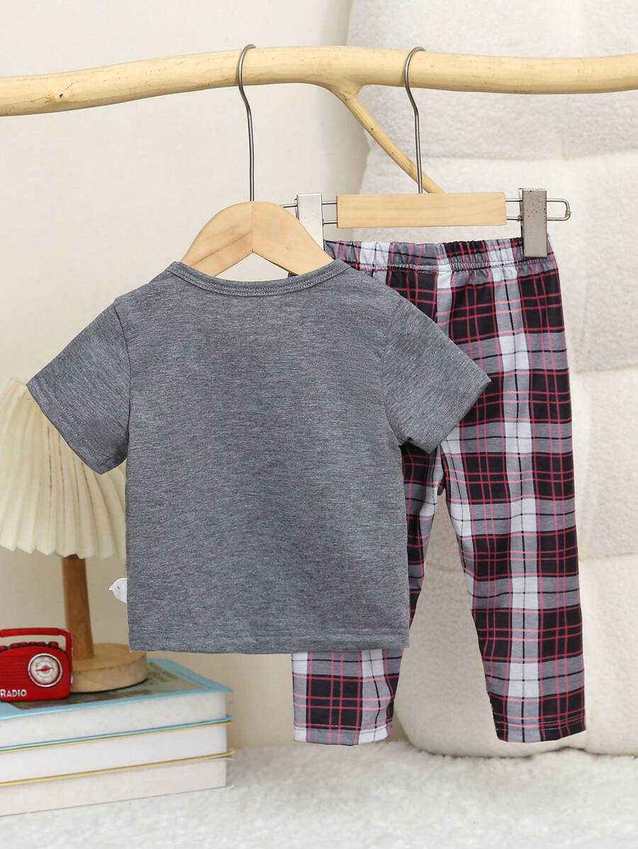 Buy SHEIN 2pcs Baby/Toddler Boys Casual Gray Short Sleeve Top And Plaid Shorts Set Home Clothing in Pakistan