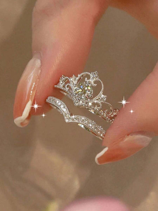 Buy SHEIN 2pcs Luxury Crown Princess Simulated Moissanite Ring Set in Pakistan