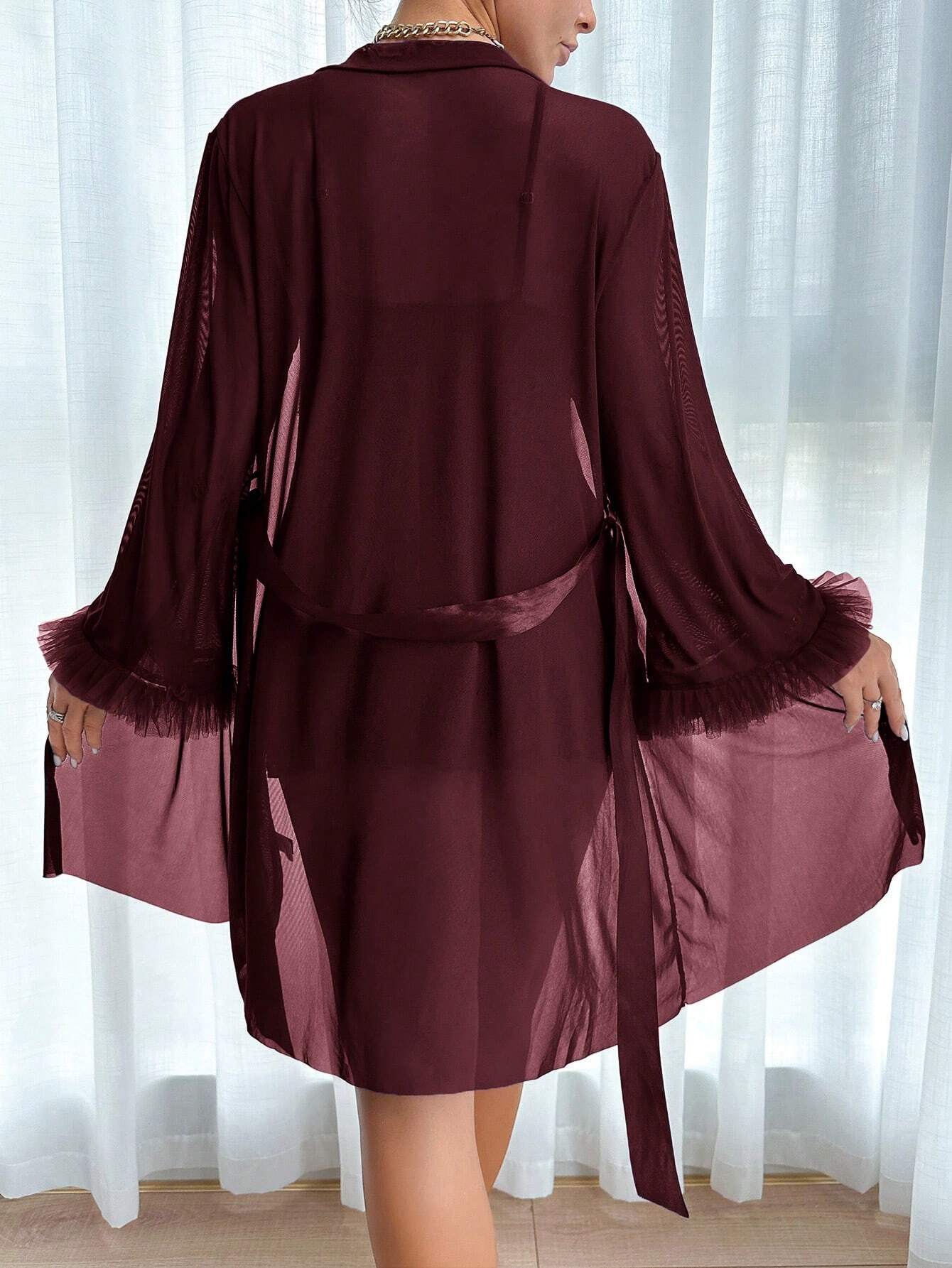 Buy SHEIN 2pcs Set: Fishbone Style Cinch Waist Lace Cami Nightgown & Wide Sleeve Mesh Robe in Pakistan