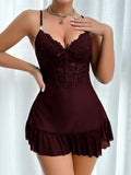 Buy SHEIN 2pcs Set: Fishbone Style Cinch Waist Lace Cami Nightgown & Wide Sleeve Mesh Robe in Pakistan