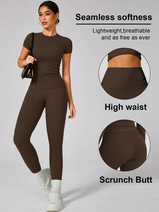 Buy SHEIN 2pcs Women Soft Moisture Wicking Crew Neck Short Sleeve Top And Elastic Yoga Sports Pants in Pakistan
