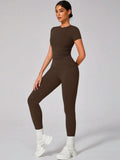 Buy SHEIN 2pcs Women Soft Moisture Wicking Crew Neck Short Sleeve Top And Elastic Yoga Sports Pants in Pakistan