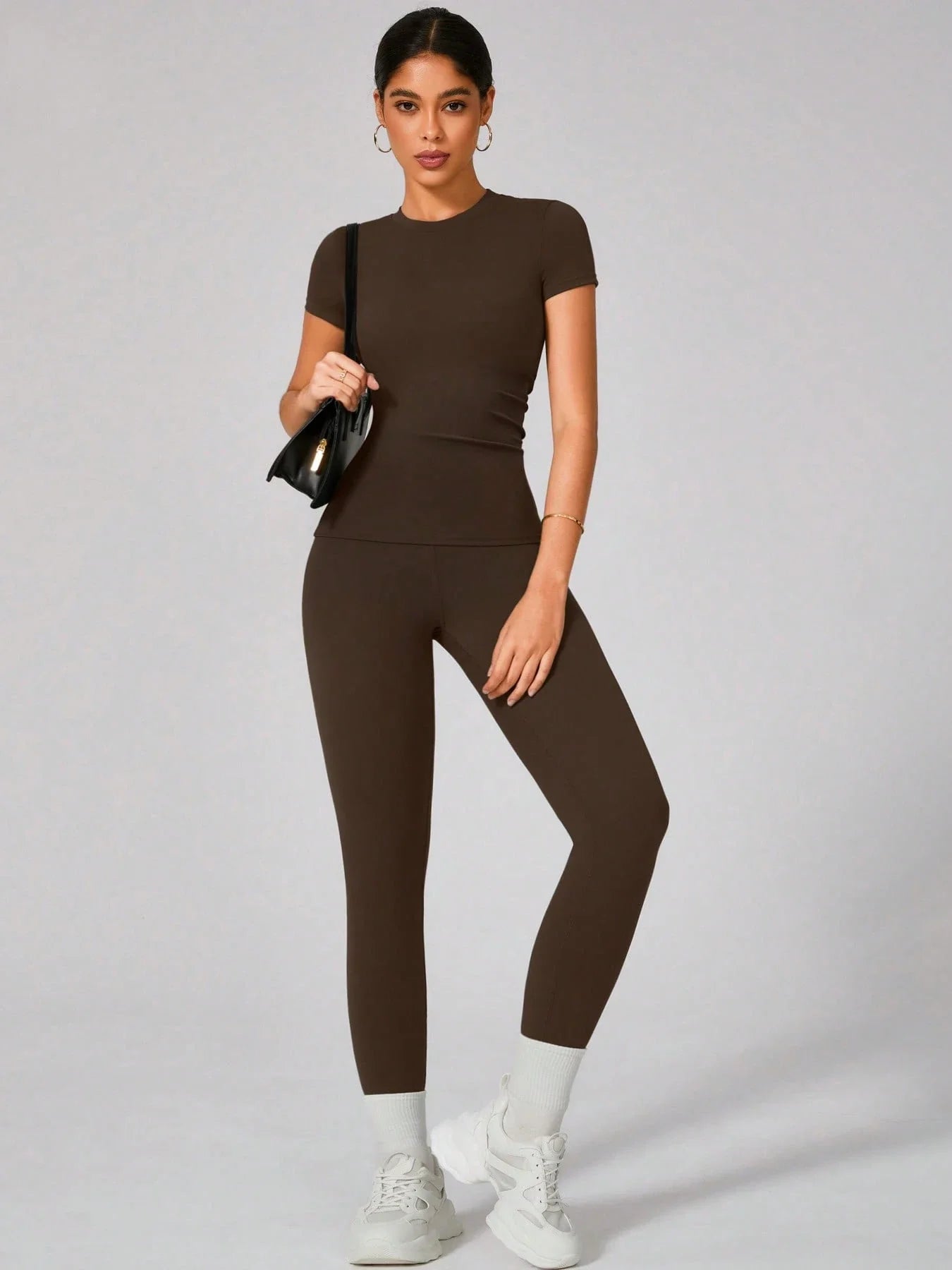 Buy SHEIN 2pcs Women Soft Moisture Wicking Crew Neck Short Sleeve Top And Elastic Yoga Sports Pants in Pakistan