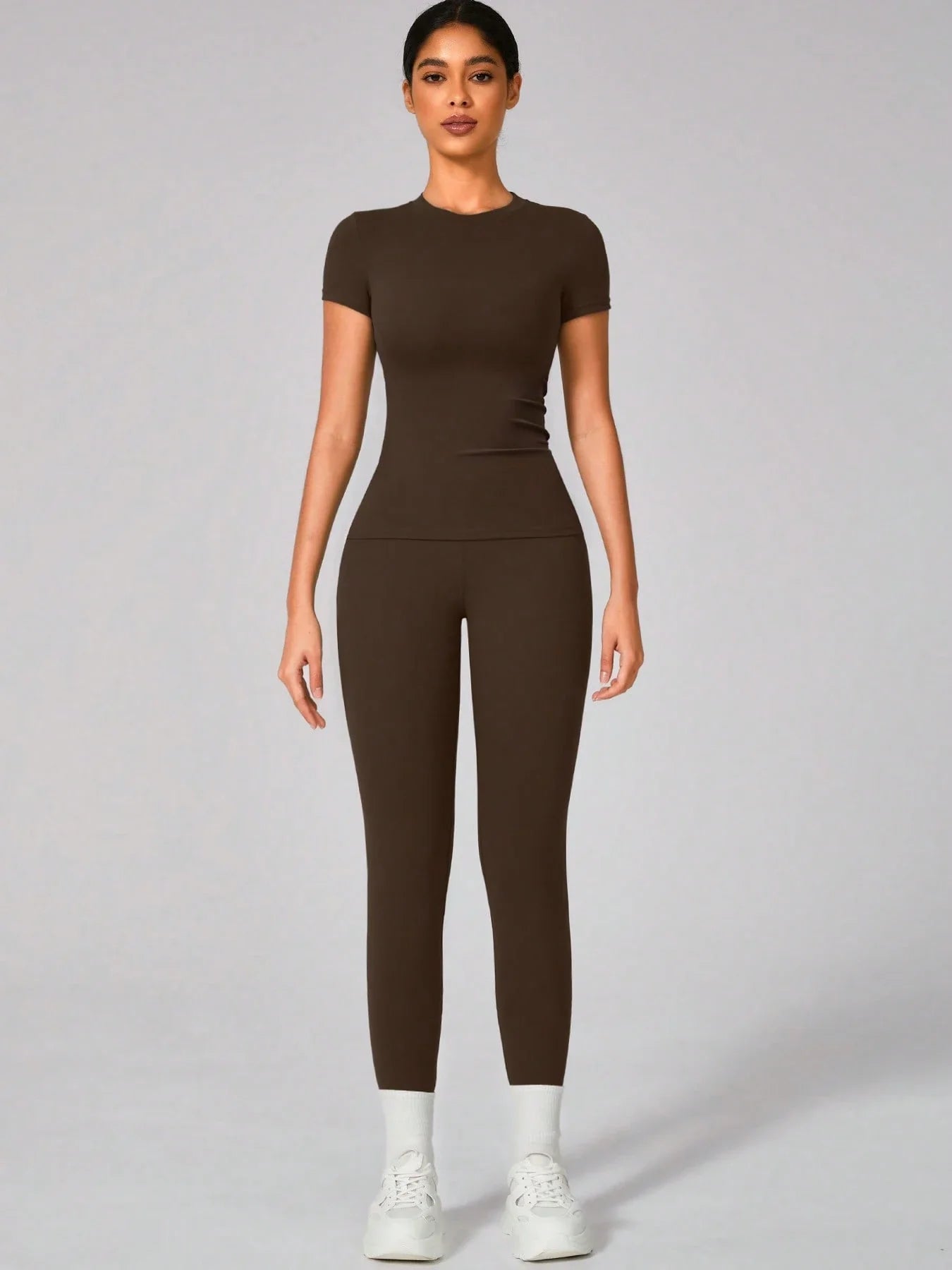 Buy SHEIN 2pcs Women Soft Moisture Wicking Crew Neck Short Sleeve Top And Elastic Yoga Sports Pants in Pakistan