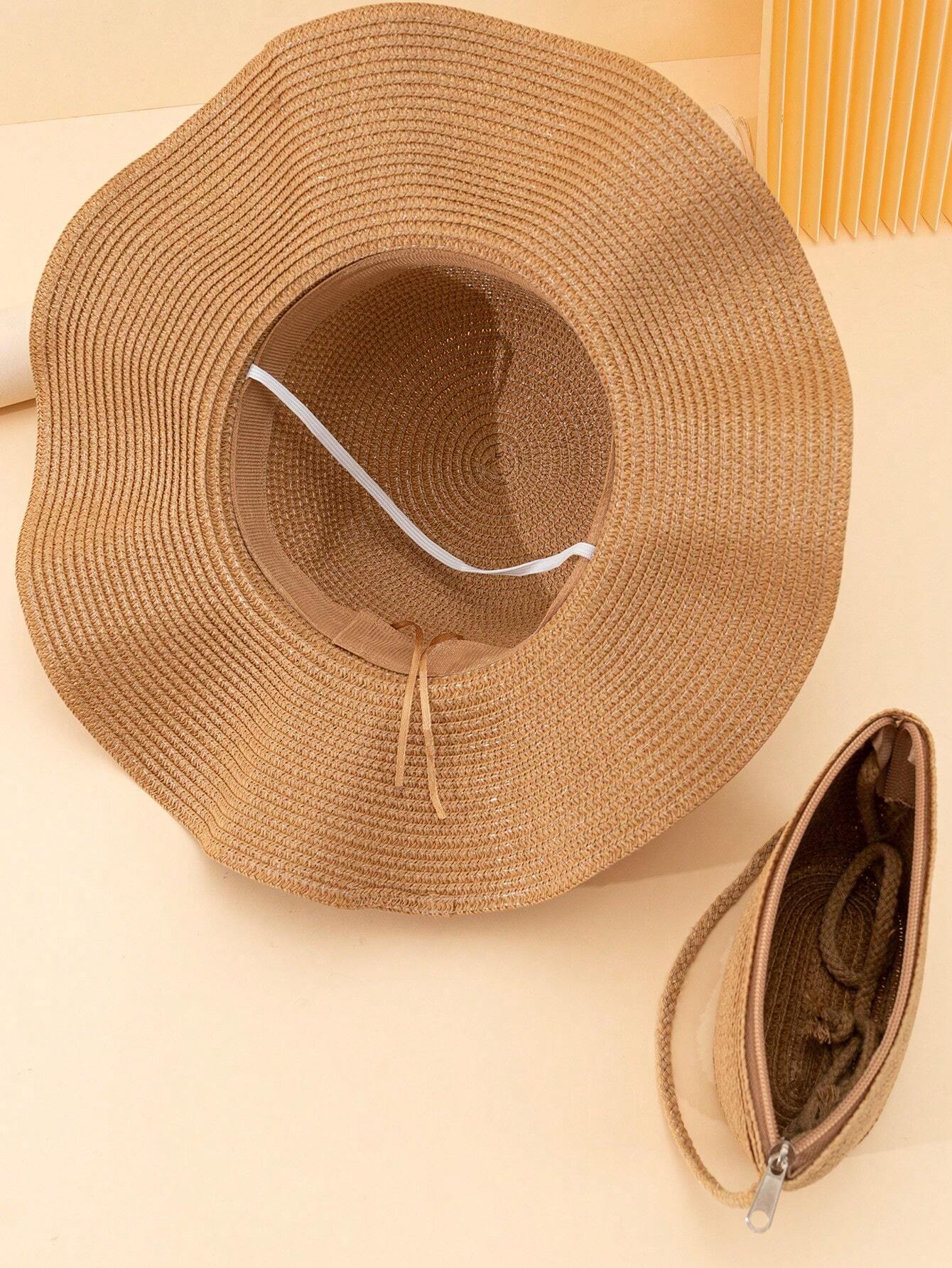 Buy SHEIN 2pcs Women's Khaki Colored Beach Set Including Wavy Bowknot Sun Hat And Crossbody Woven Bag, Suitable For Holiday Travel in Pakistan