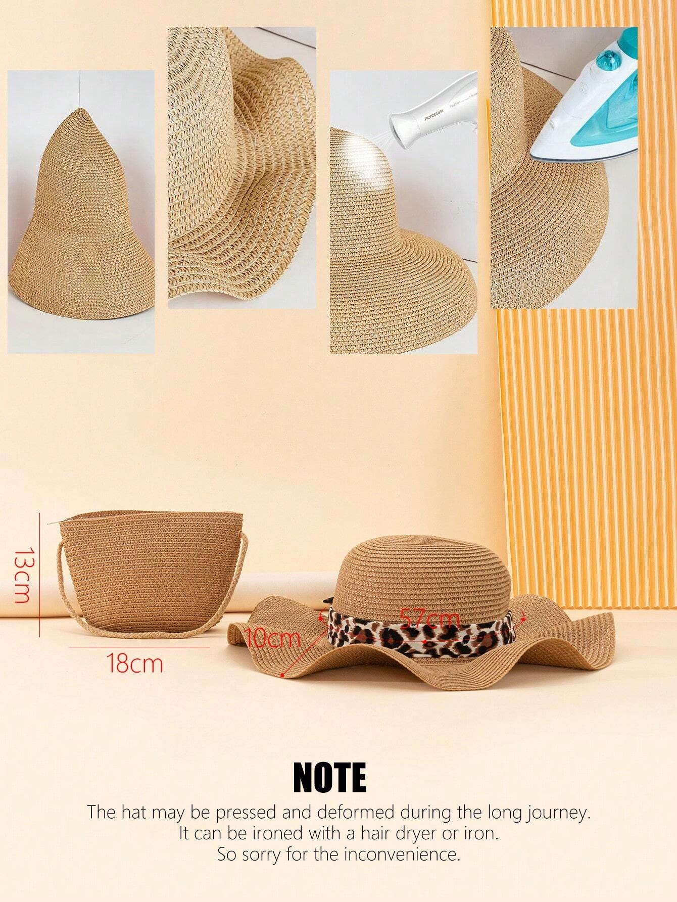 Buy SHEIN 2pcs Women's Khaki Colored Beach Set Including Wavy Bowknot Sun Hat And Crossbody Woven Bag, Suitable For Holiday Travel in Pakistan