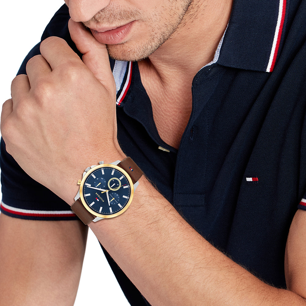 Buy Tommy Hilfiger Mens Quartz Brown Leather Strap Blue Dial 44mm Watch - 1710496 in Pakistan