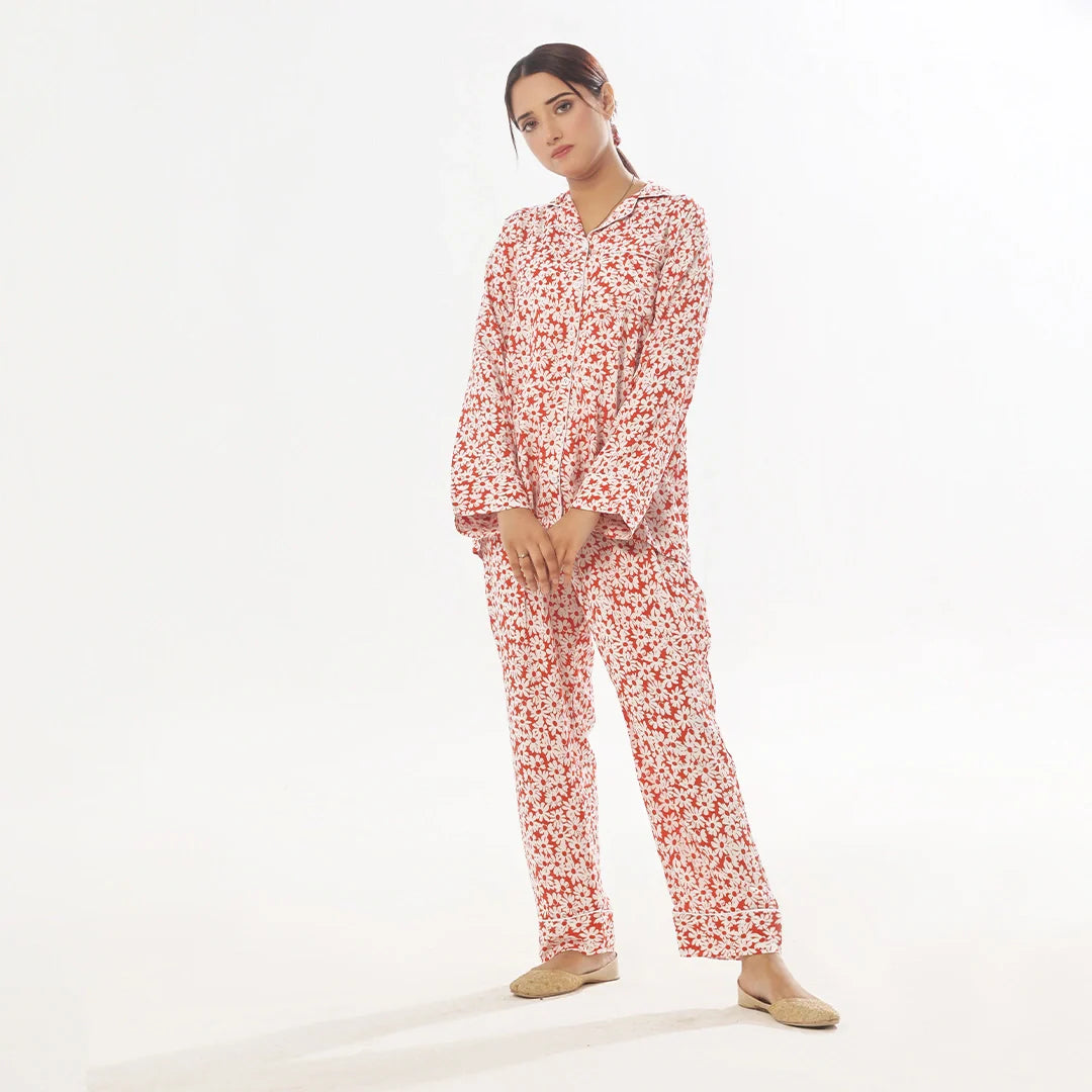 Buy Sajiero Mat Daisy Linen Pajama Suit with Scrunchie in Pakistan