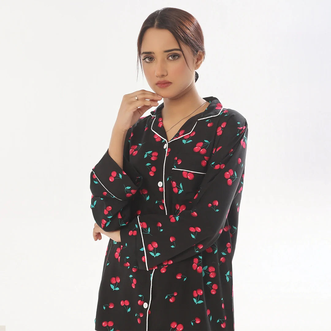 Buy Sajiero Cherry Linen Pajama Suit with Scrunchie in Pakistan
