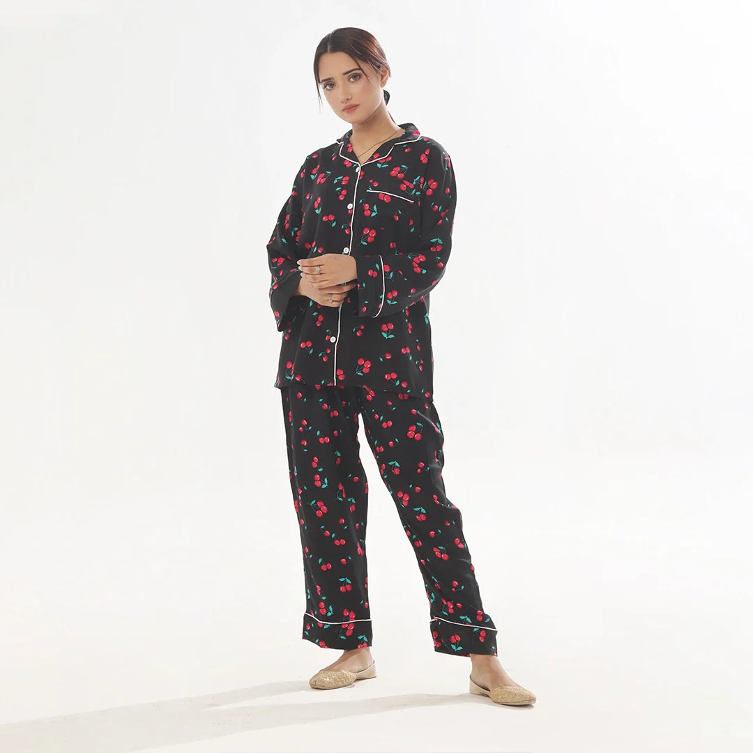 Buy Sajiero Cherry Linen Pajama Suit with Scrunchie in Pakistan